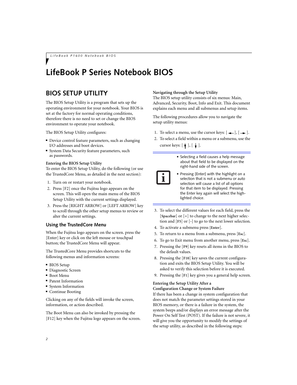 Lifebook p series notebook bios, Bios setup utility, Using the trustedcore menu | Fujitsu Siemens Computers P1610 User Manual | Page 2 / 27