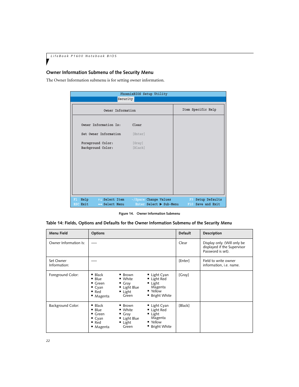 Owner information submenu of the security menu | Fujitsu Siemens Computers P1610 User Manual | Page 22 / 27