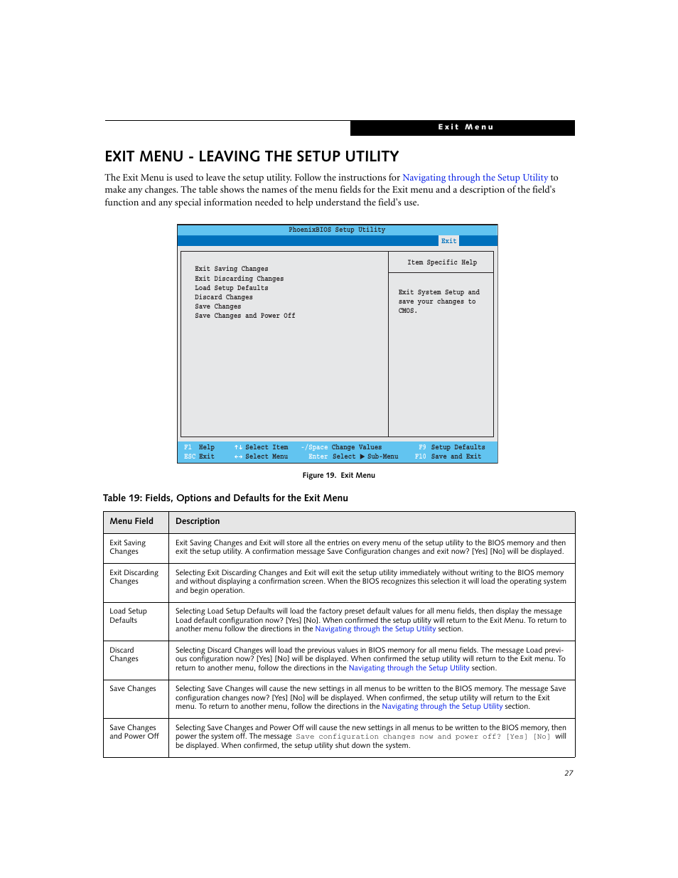 Exit menu - leaving the setup utility | Fujitsu Siemens Computers P1610 User Manual | Page 27 / 27