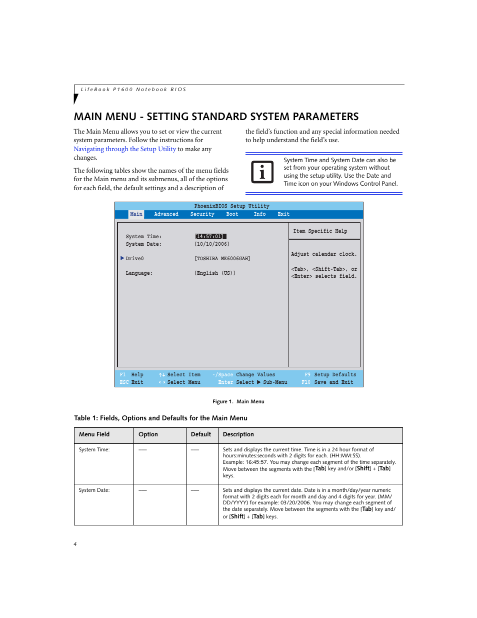 Main menu - setting standard system parameters | Fujitsu Siemens Computers P1610 User Manual | Page 4 / 27