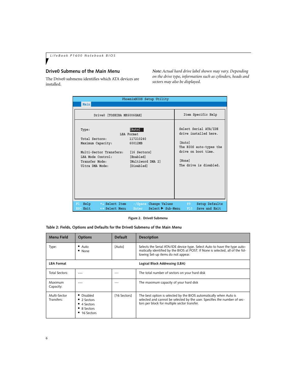 Drive0 submenu of the main menu | Fujitsu Siemens Computers P1610 User Manual | Page 6 / 27