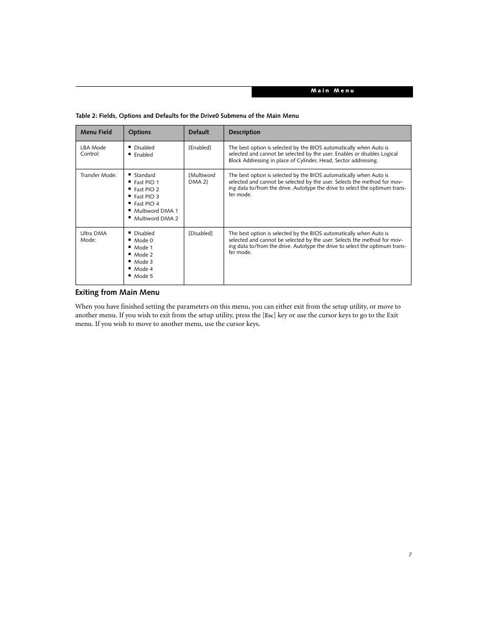Exiting from main menu | Fujitsu Siemens Computers P1610 User Manual | Page 7 / 27