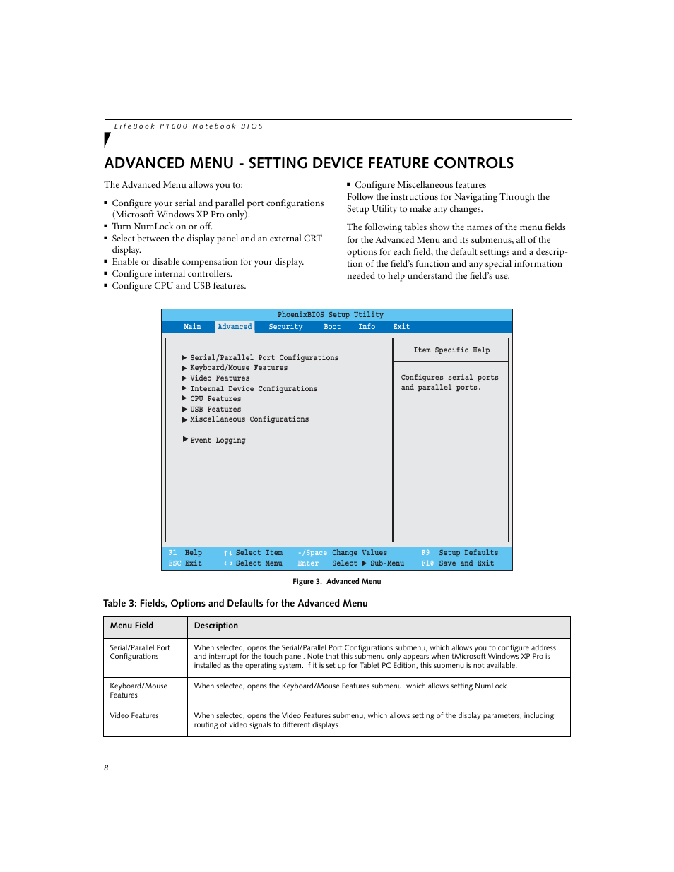 Advanced menu - setting device feature controls | Fujitsu Siemens Computers P1610 User Manual | Page 8 / 27