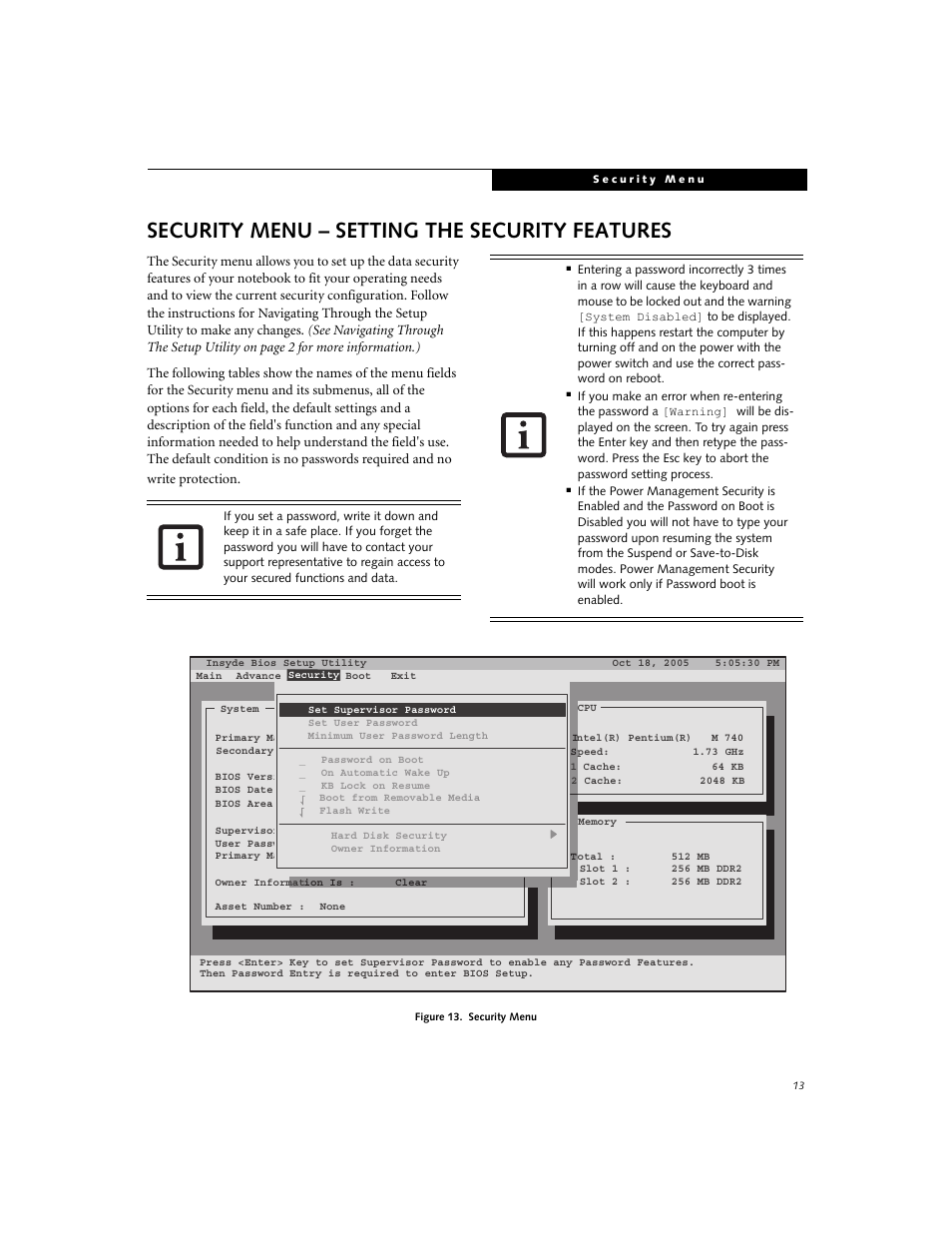 Security menu - setting the security features, Security menu – setting the security features | Fujitsu Siemens Computers LifeBook N3520 User Manual | Page 13 / 20