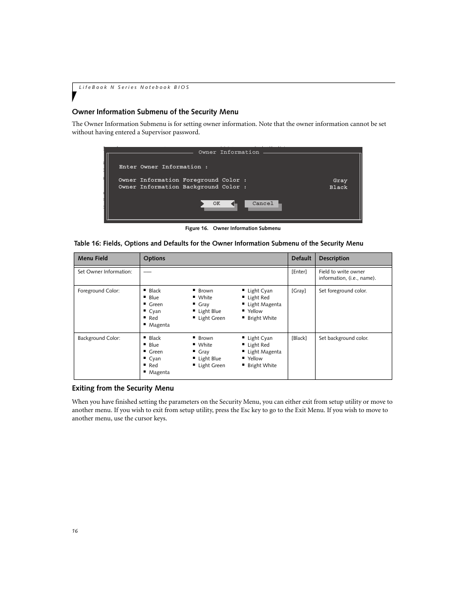 Owner information submenu of the security menu, Exiting from the security menu | Fujitsu Siemens Computers LifeBook N3520 User Manual | Page 16 / 20