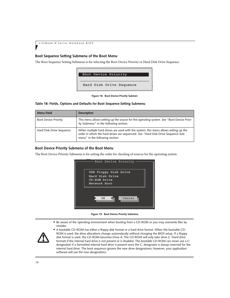 Boot sequence setting submenu of the boot menu, Boot device priority submenu of the boot menu | Fujitsu Siemens Computers LifeBook N3520 User Manual | Page 18 / 20