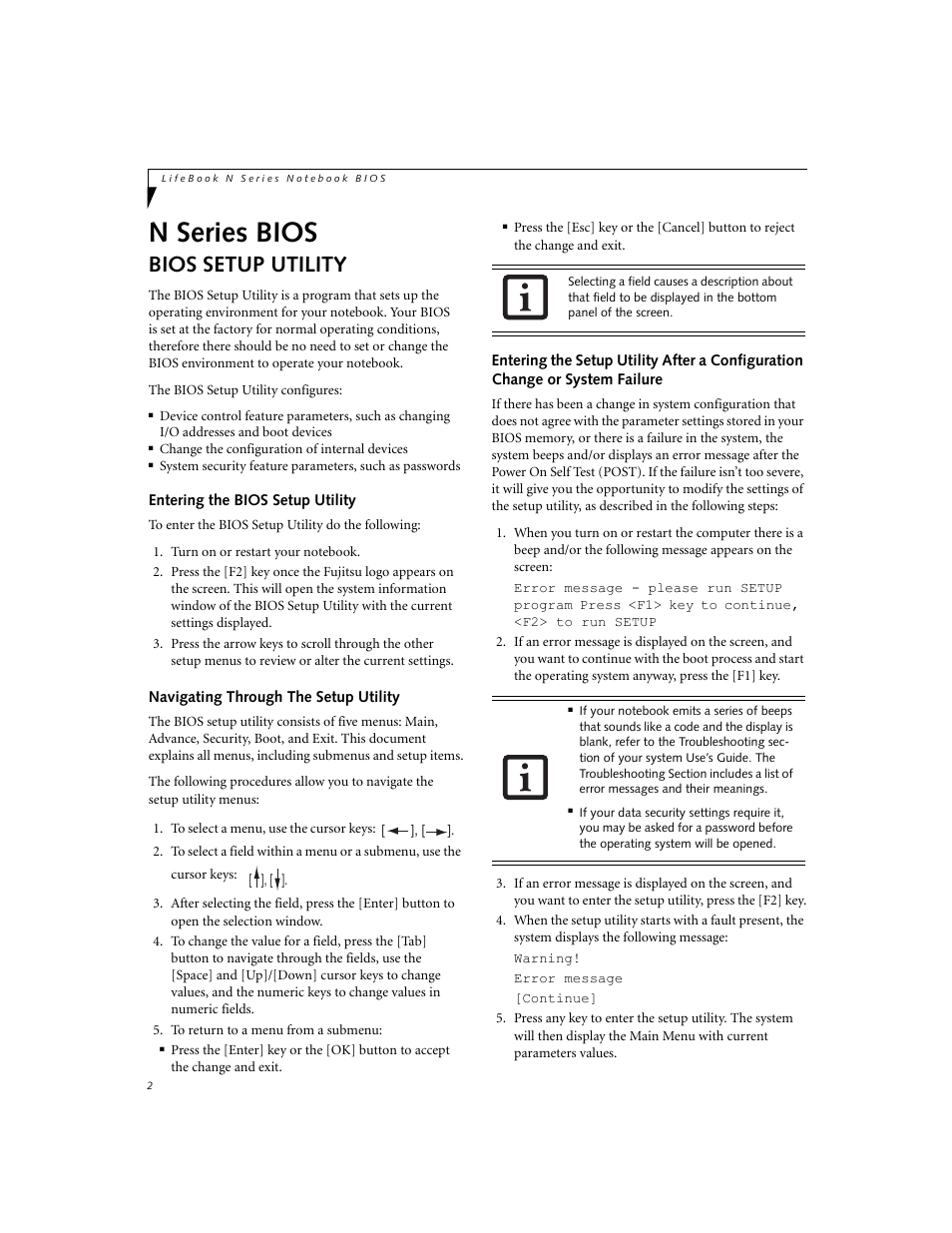 N series bios, Bios setup utility, Entering the bios setup utility | Navigating through the setup utility | Fujitsu Siemens Computers LifeBook N3520 User Manual | Page 2 / 20