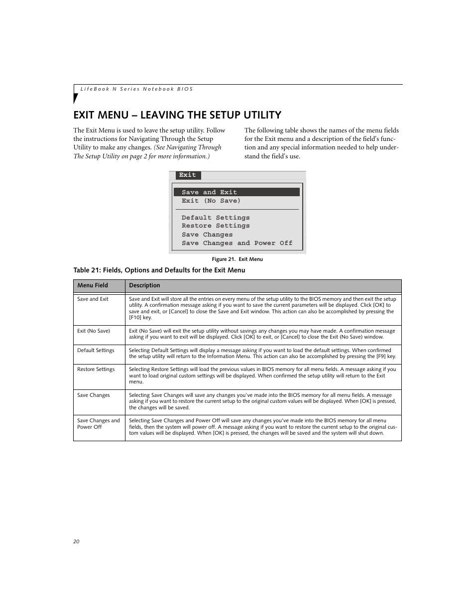 Exit menu - leaving the setup utility, Exit menu – leaving the setup utility | Fujitsu Siemens Computers LifeBook N3520 User Manual | Page 20 / 20