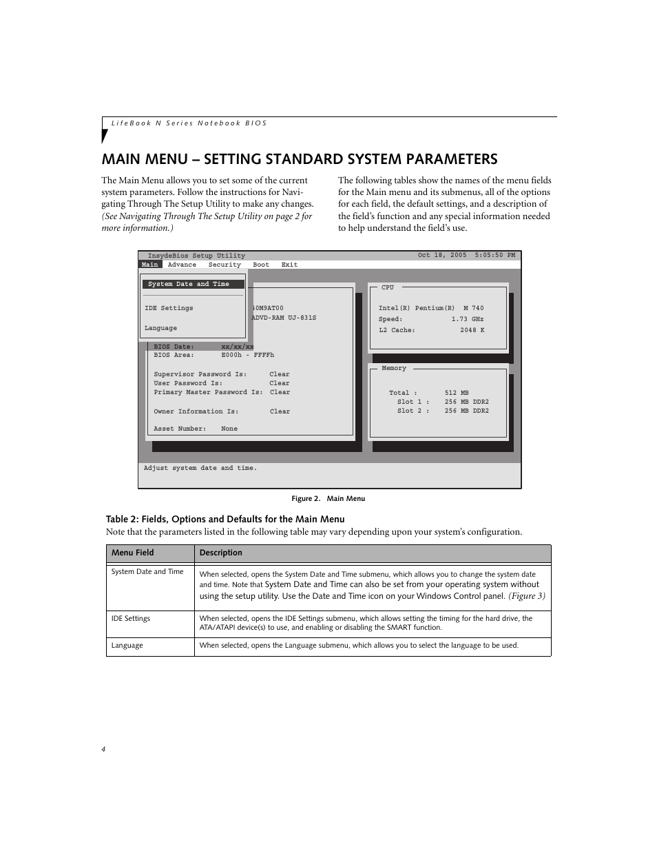 Main menu - setting standard system parameters, Main menu – setting standard system parameters | Fujitsu Siemens Computers LifeBook N3520 User Manual | Page 4 / 20