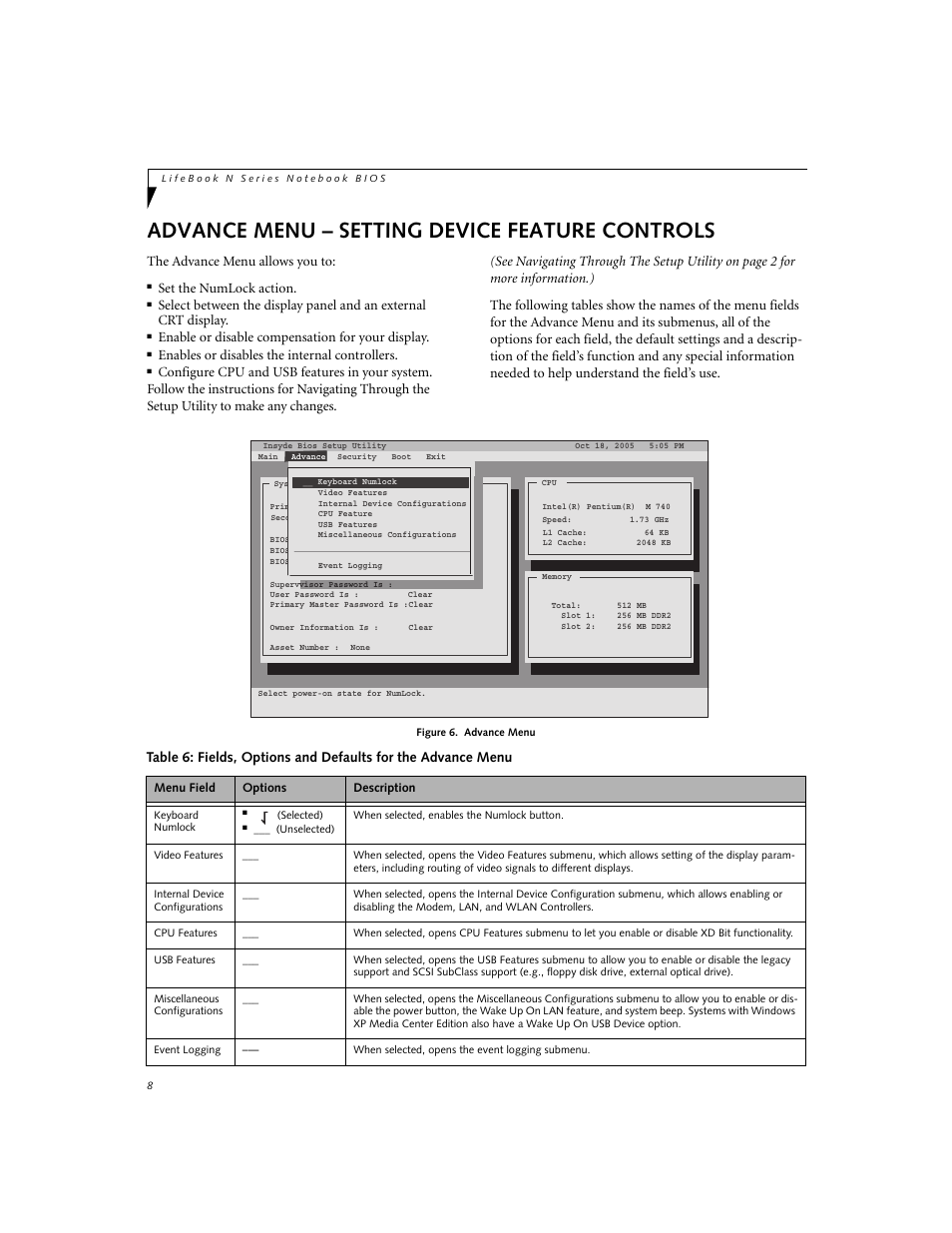 Advance menu - setting device feature controls, Advance menu – setting device feature controls, The advance menu allows you to | Set the numlock action, Enable or disable compensation for your display, Enables or disables the internal controllers | Fujitsu Siemens Computers LifeBook N3520 User Manual | Page 8 / 20