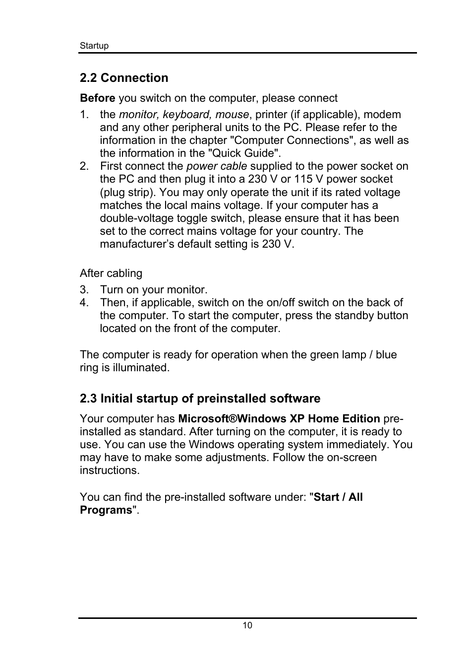 2 connection, 3 initial startup of preinstalled software | Fujitsu Siemens Computers Fujitsu-Siemens PC User Manual | Page 19 / 96