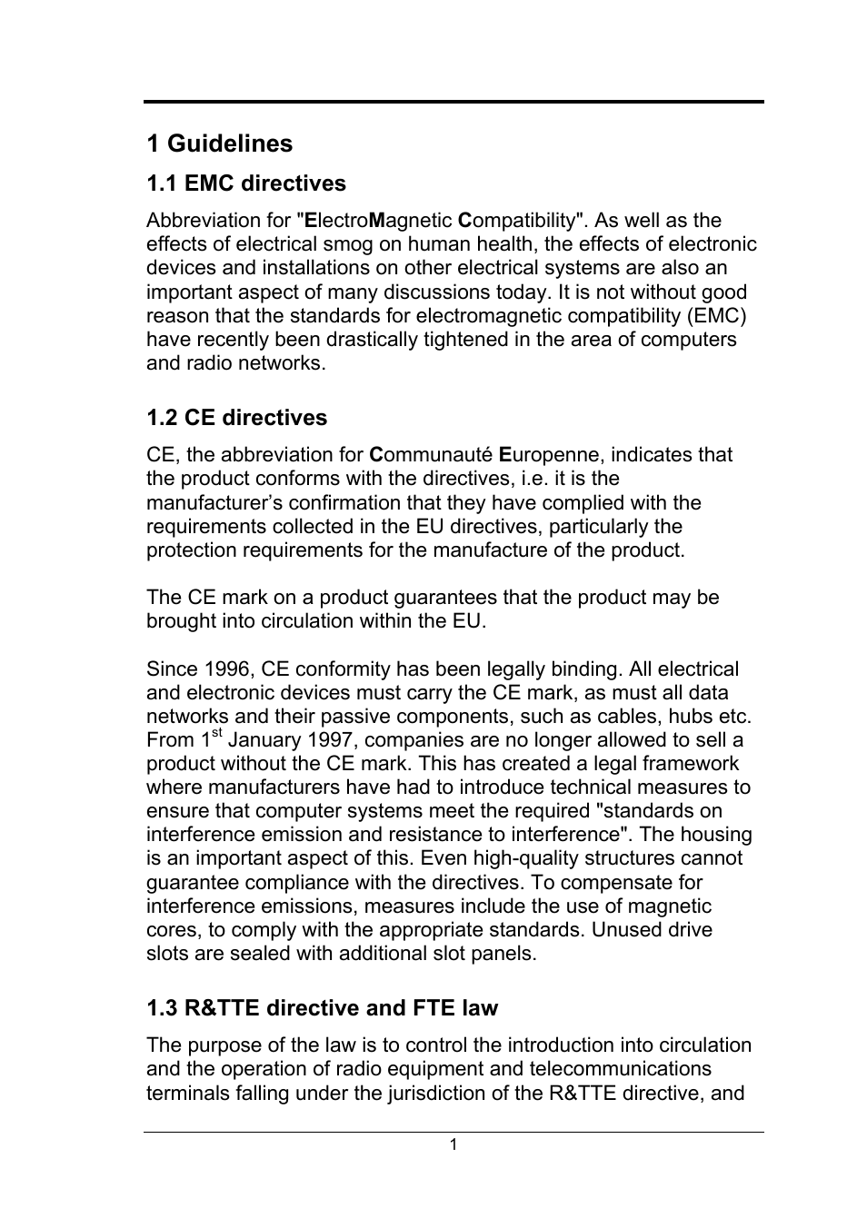 1 guidelines, 1 emc directives, 2 ce directives | 3 r&tte directive and fte law | Fujitsu Siemens Computers Fujitsu-Siemens PC User Manual | Page 27 / 96