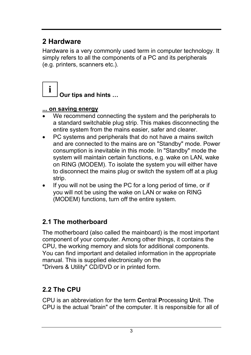 2 hardware, Our tips and hints, On saving energy | 1 the motherboard, 2 the cpu, 1 the motherboard 2.2 the cpu | Fujitsu Siemens Computers Fujitsu-Siemens PC User Manual | Page 29 / 96