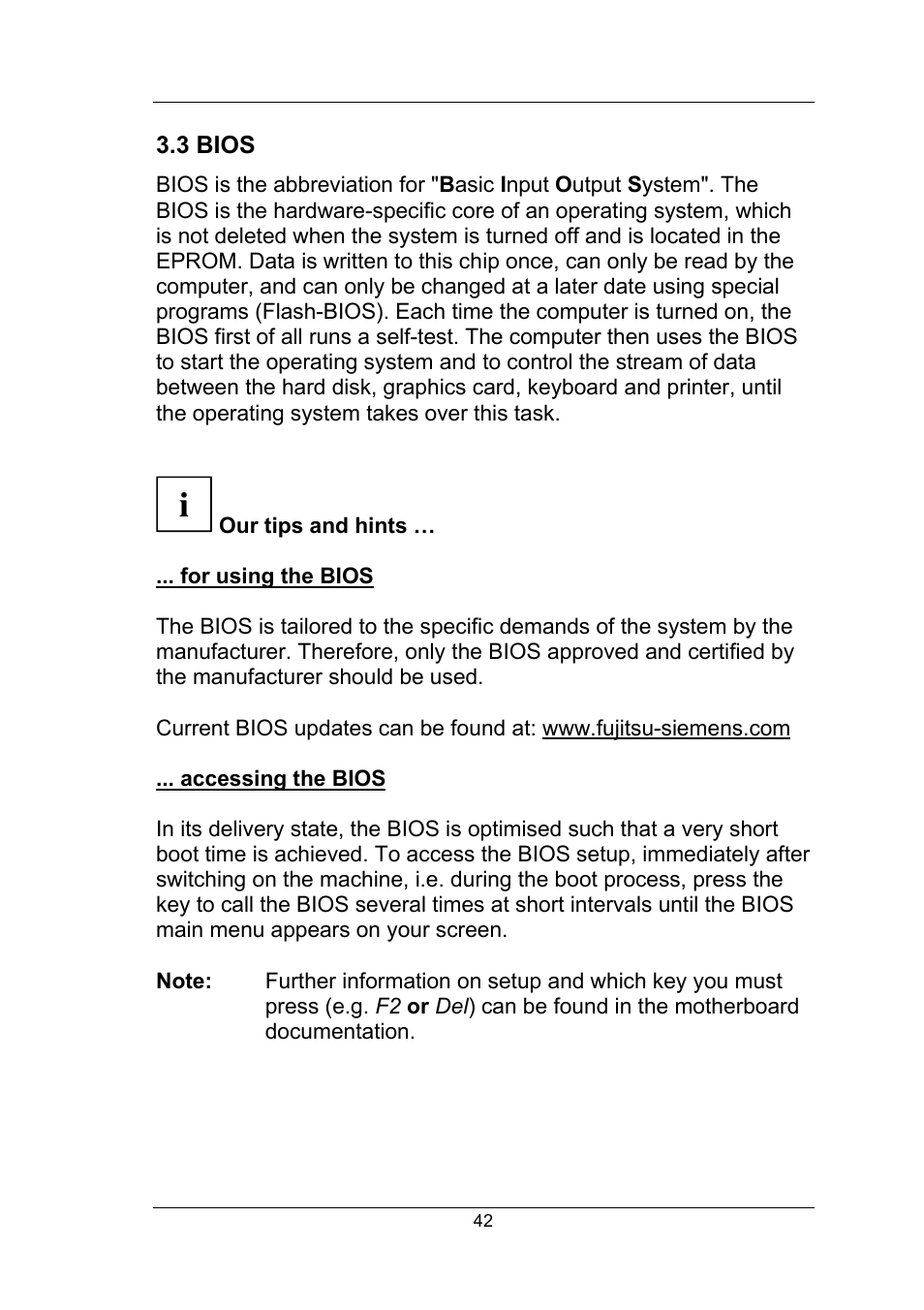 3 bios, Our tips and hints, For using the bios | Accessing the bios, For using the bios ... accessing the bios | Fujitsu Siemens Computers Fujitsu-Siemens PC User Manual | Page 68 / 96