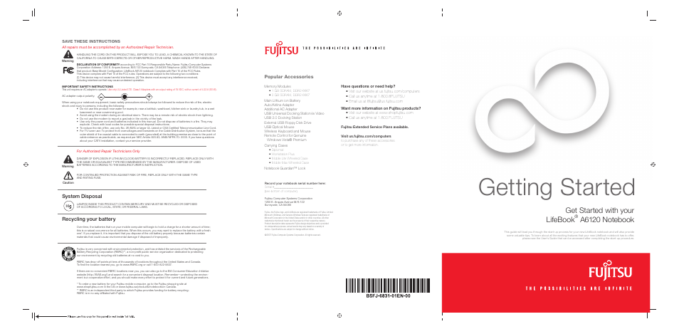 Getting started, Get started with your lifebook, System disposal | Recycling your battery, Popular accessories | Fujitsu Siemens Computers LifeBook A6120 User Manual | Page 2 / 2