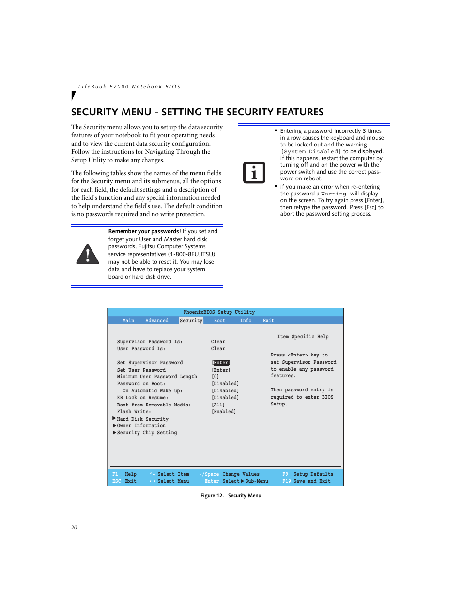 Security menu - setting the security features | Fujitsu Siemens Computers P7230 User Manual | Page 20 / 29
