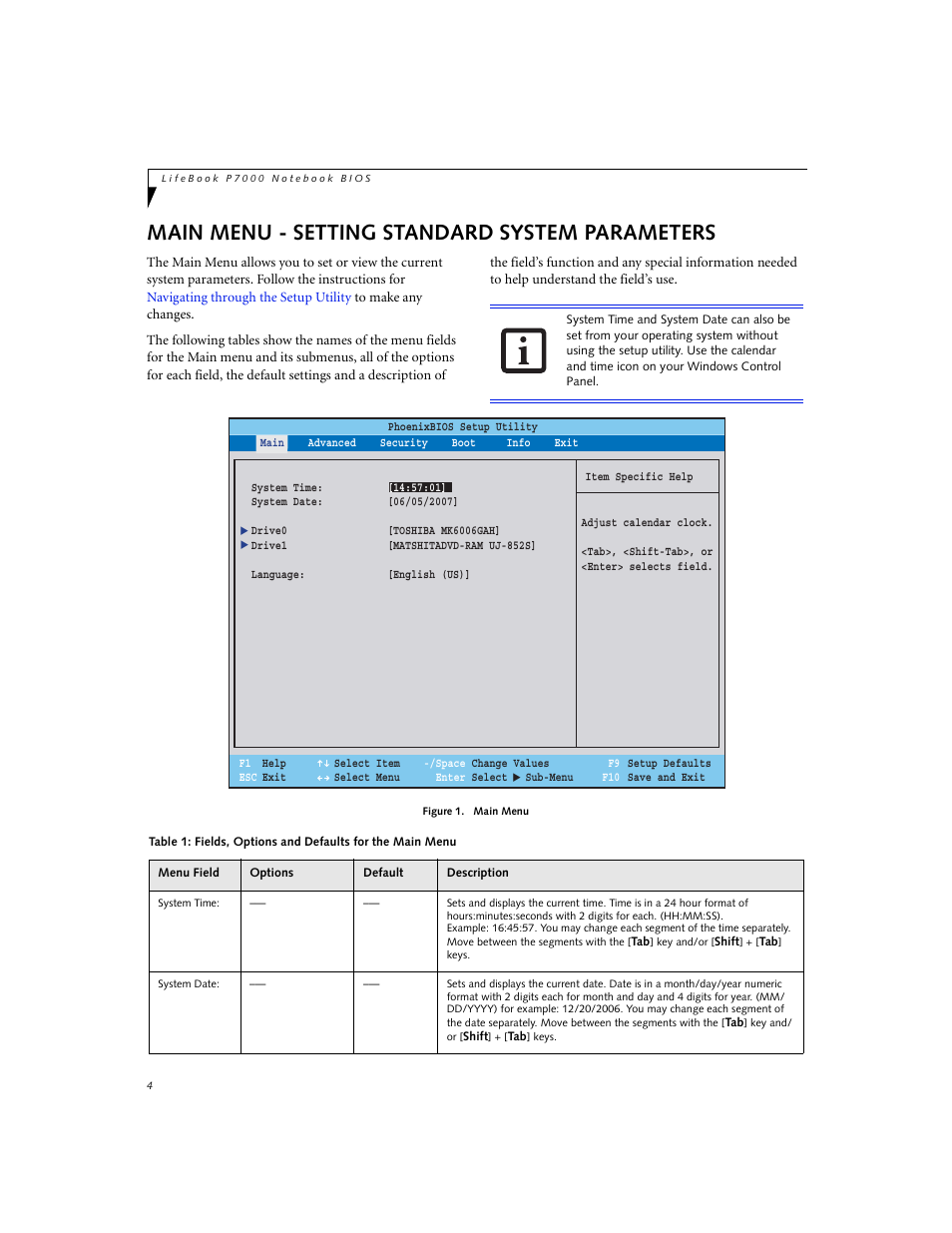 Main menu - setting standard system parameters | Fujitsu Siemens Computers P7230 User Manual | Page 4 / 29