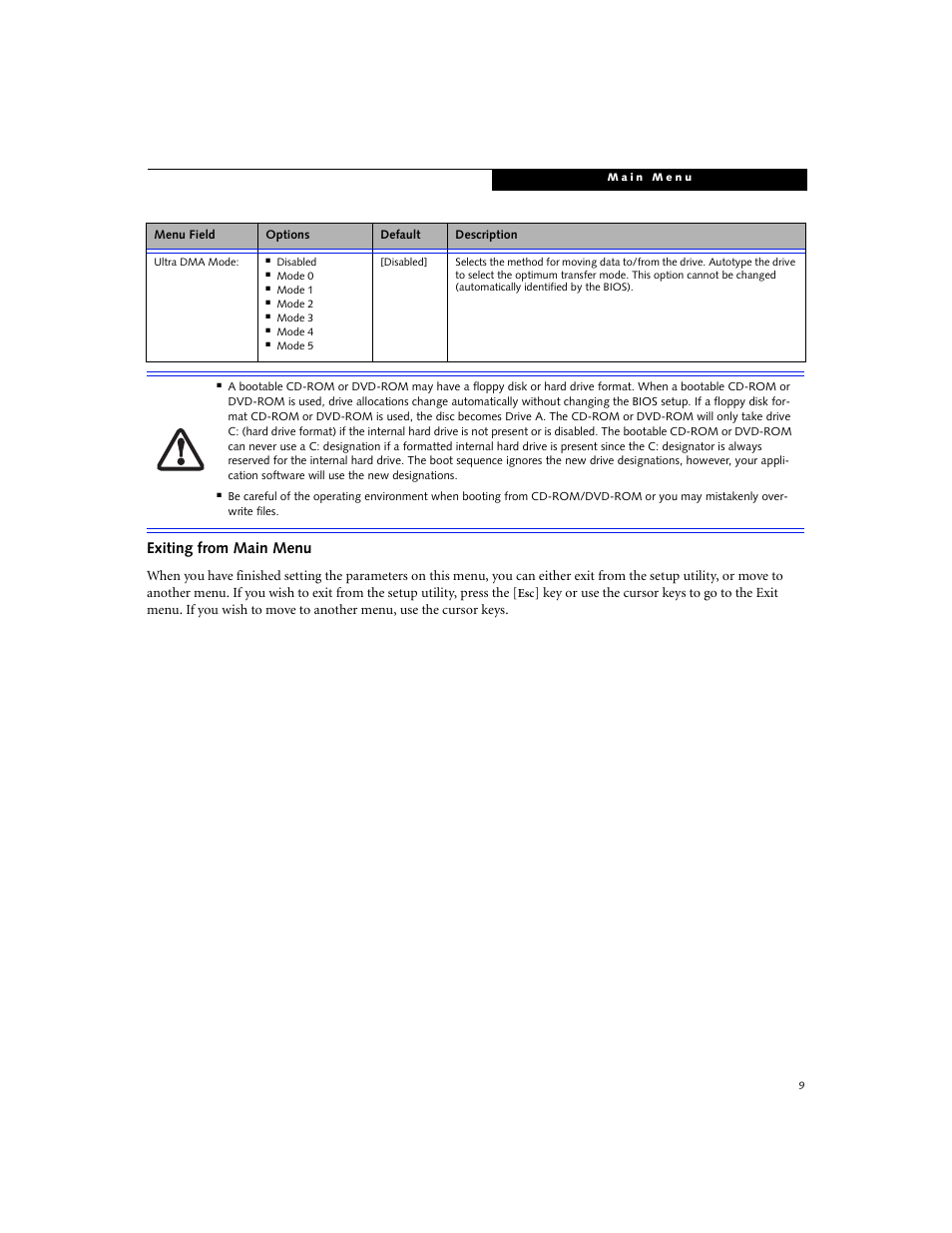 Exiting from main menu | Fujitsu Siemens Computers P7230 User Manual | Page 9 / 29