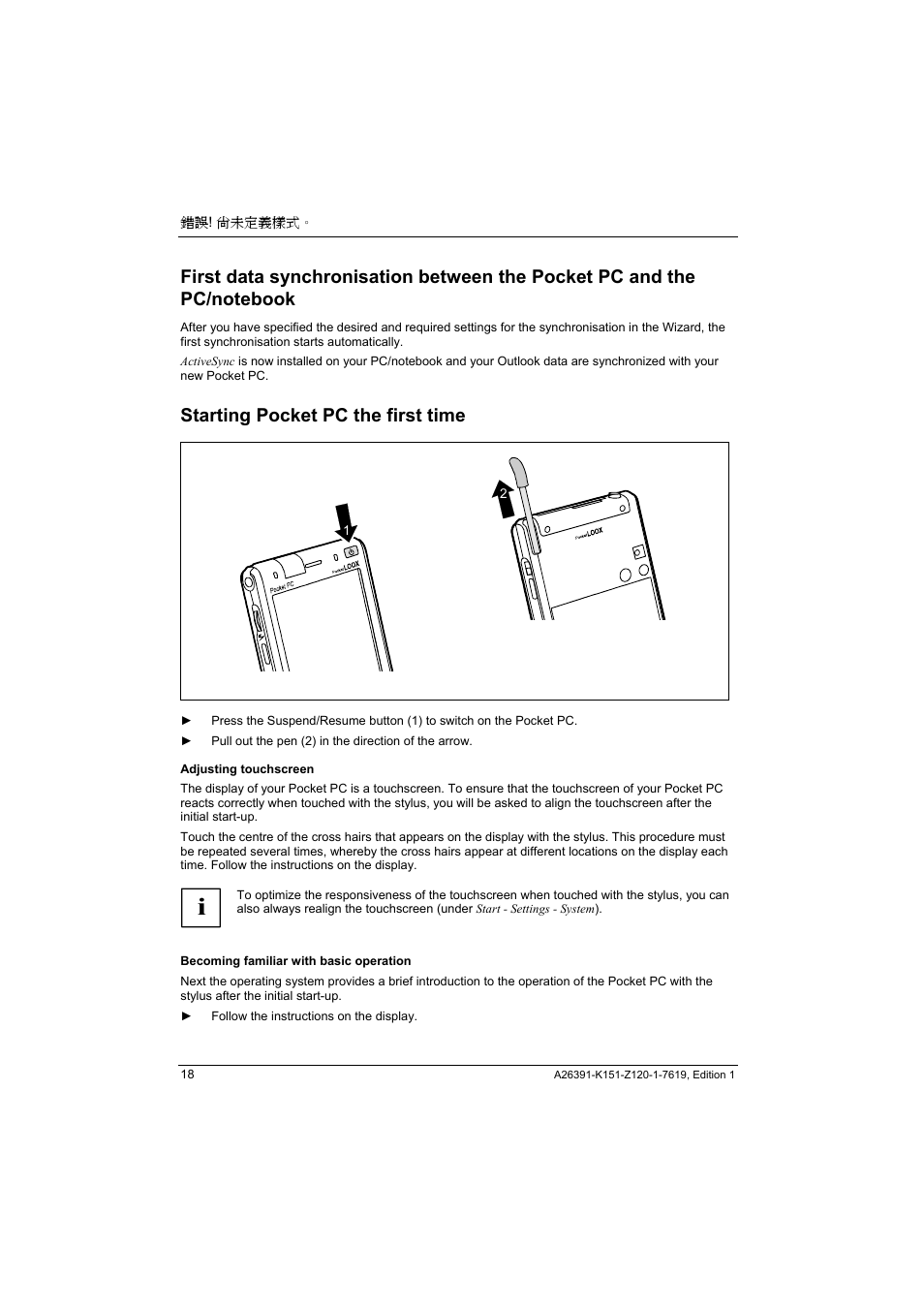 Starting pocket pc the first time | Fujitsu Siemens Computers LOOX 700 User Manual | Page 26 / 70