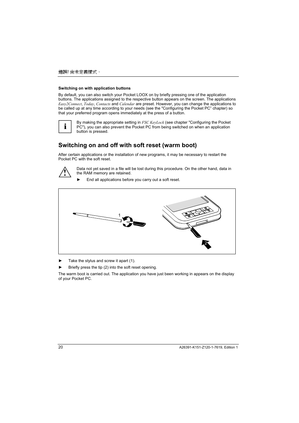 Switching on and off with soft reset (warm boot) | Fujitsu Siemens Computers LOOX 700 User Manual | Page 28 / 70
