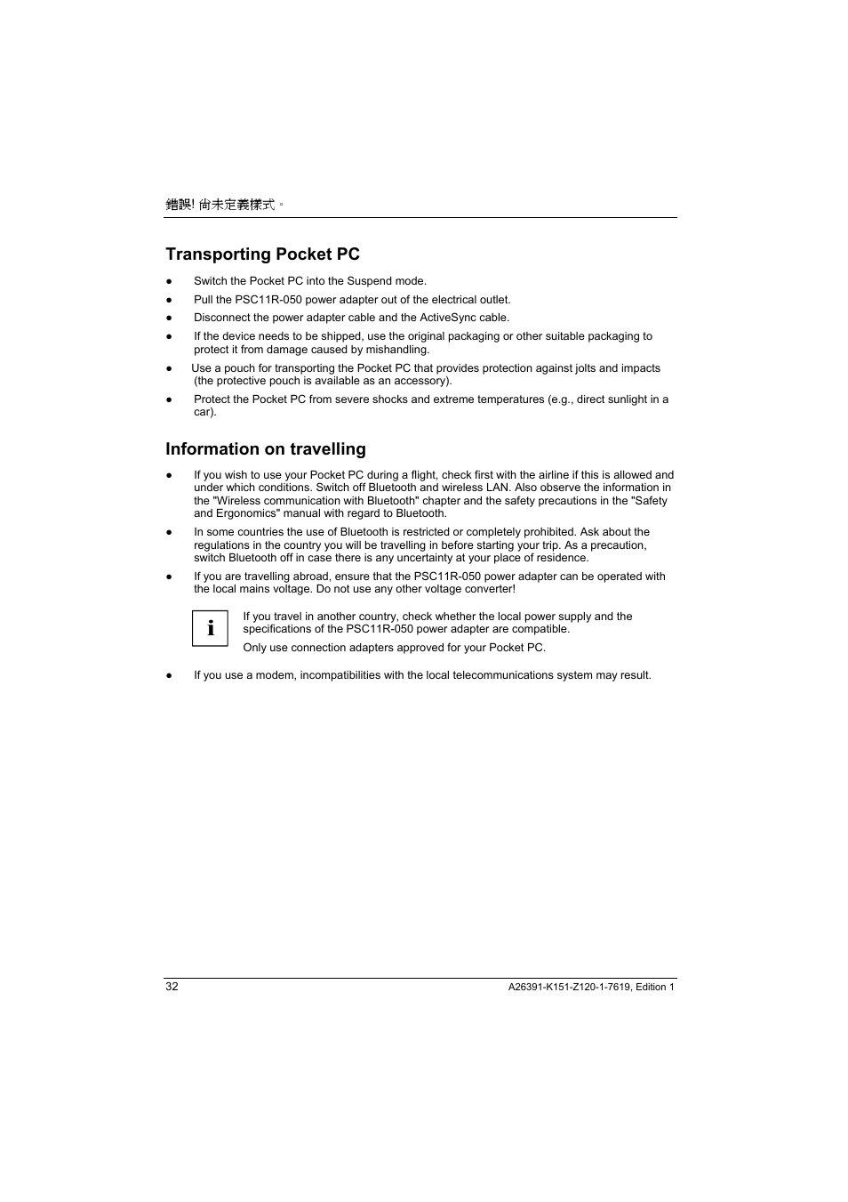 Transporting pocket pc, Information on travelling | Fujitsu Siemens Computers LOOX 700 User Manual | Page 40 / 70