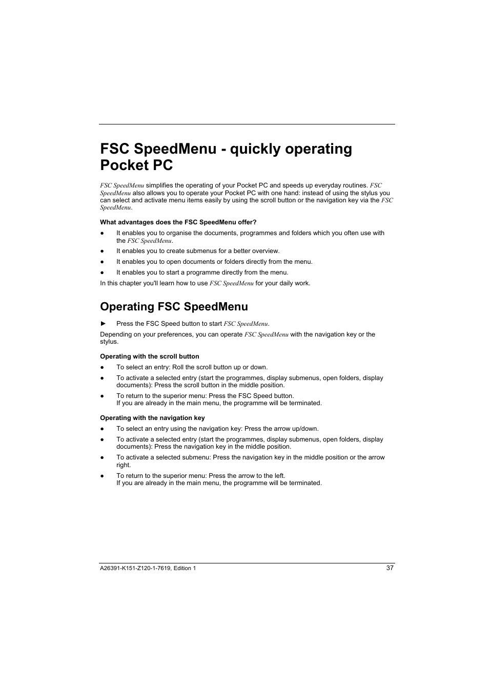 Fsc speedmenu - quickly operating pocket pc, Operating fsc speedmenu | Fujitsu Siemens Computers LOOX 700 User Manual | Page 45 / 70