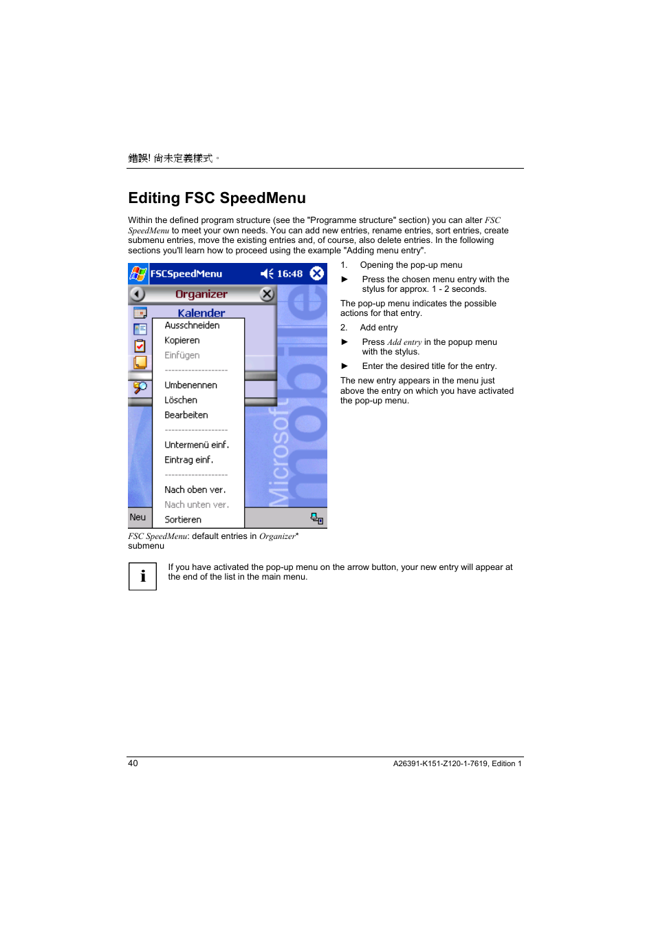Editing fsc speedmenu | Fujitsu Siemens Computers LOOX 700 User Manual | Page 48 / 70