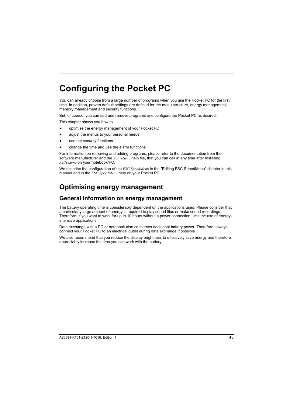 Configuring the pocket pc, Optimising energy management, General information on energy management | Fujitsu Siemens Computers LOOX 700 User Manual | Page 51 / 70
