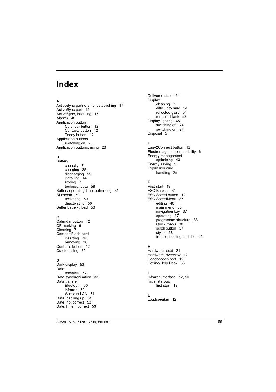 Index | Fujitsu Siemens Computers LOOX 700 User Manual | Page 67 / 70