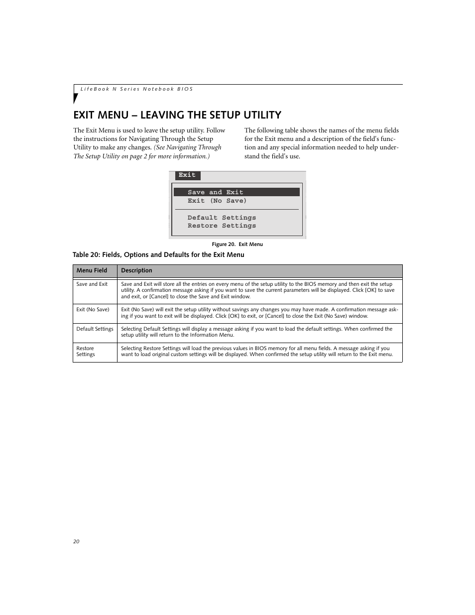 Exit menu – leaving the setup utility | Fujitsu Siemens Computers N3510 User Manual | Page 20 / 20