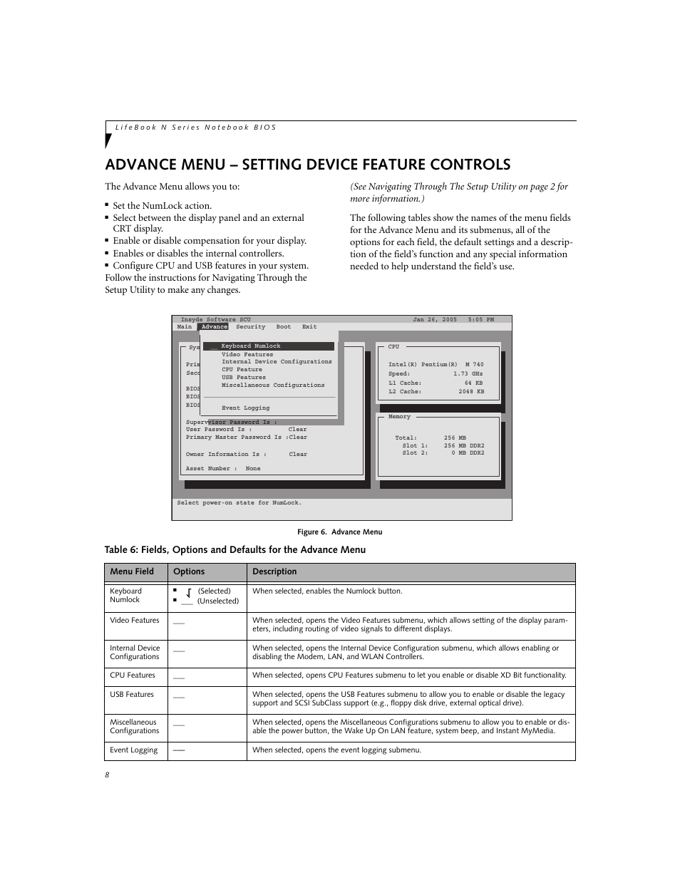 Advance menu – setting device feature controls, The advance menu allows you to, Set the numlock action | Enable or disable compensation for your display, Enables or disables the internal controllers | Fujitsu Siemens Computers N3510 User Manual | Page 8 / 20