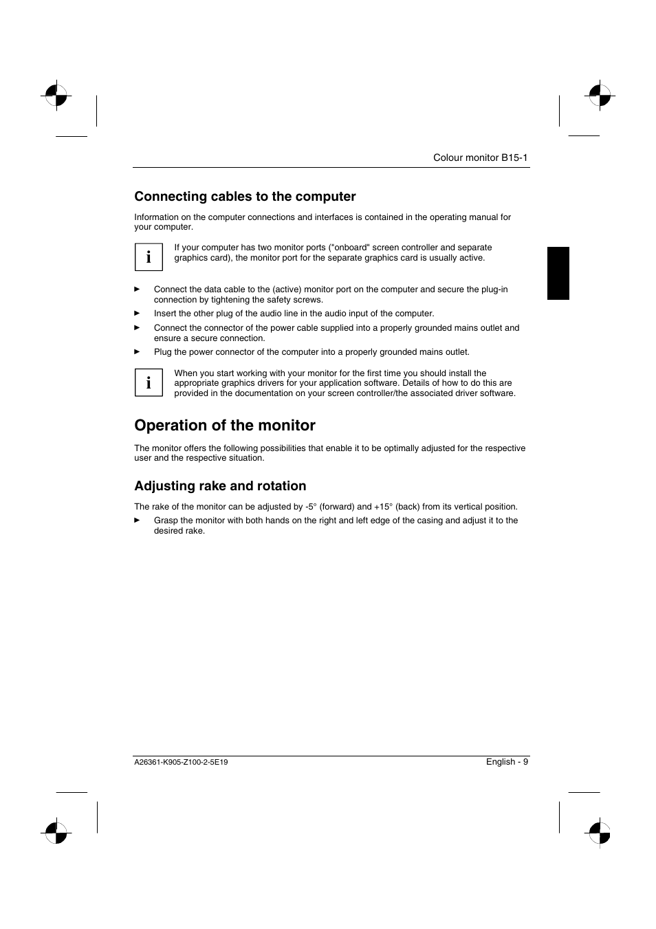Operation of the monitor, Connecting cables to the computer, Adjusting rake and rotation | Fujitsu Siemens Computers B15-1 User Manual | Page 11 / 24