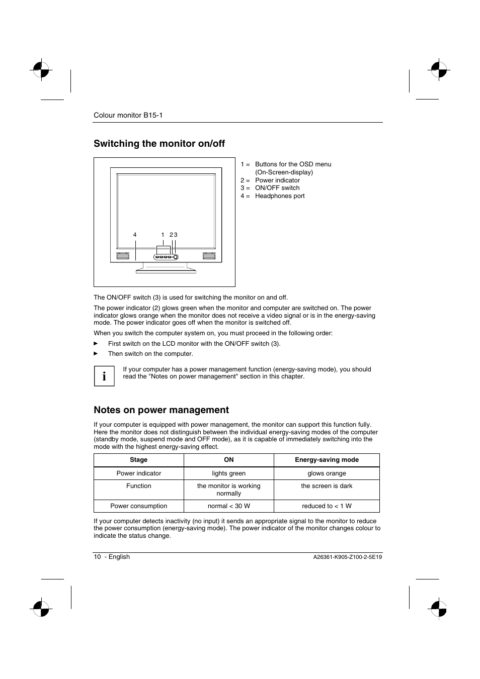 Switching the monitor on/off | Fujitsu Siemens Computers B15-1 User Manual | Page 12 / 24