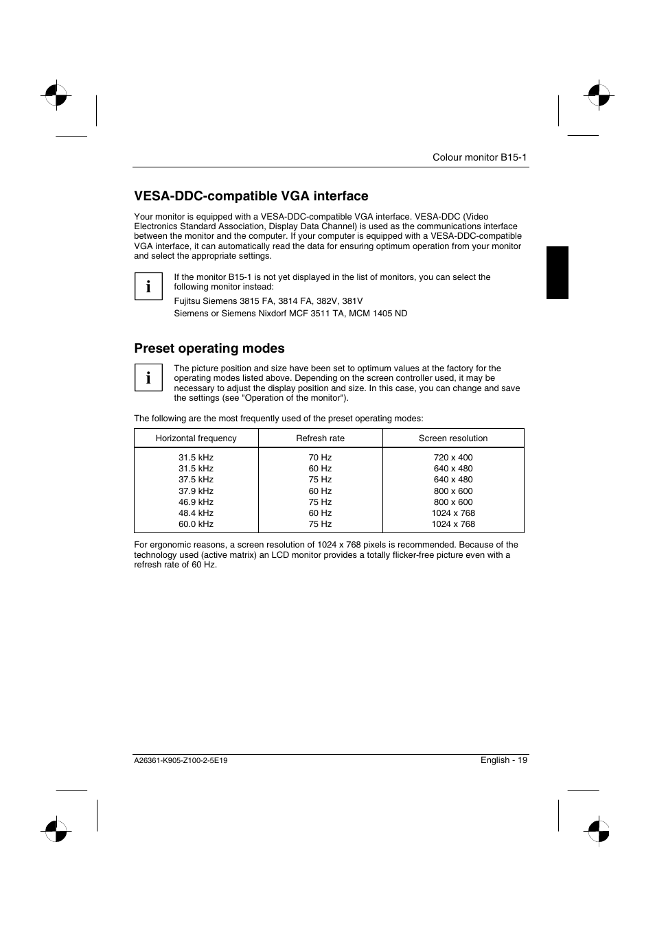 Vesa-ddc-compatible vga interface, Preset operating modes | Fujitsu Siemens Computers B15-1 User Manual | Page 21 / 24