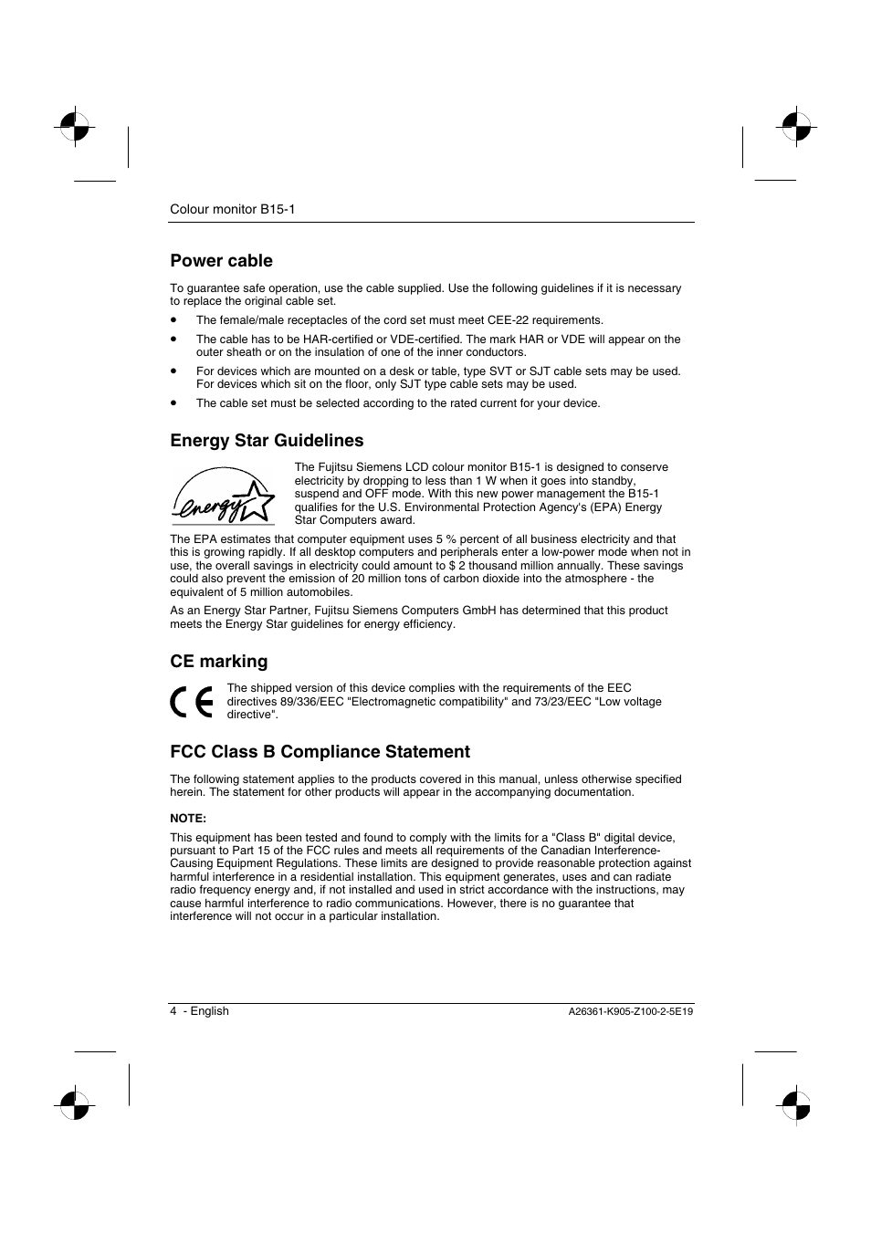 Power cable, Energy star guidelines, Ce marking | Fcc class b compliance statement | Fujitsu Siemens Computers B15-1 User Manual | Page 6 / 24