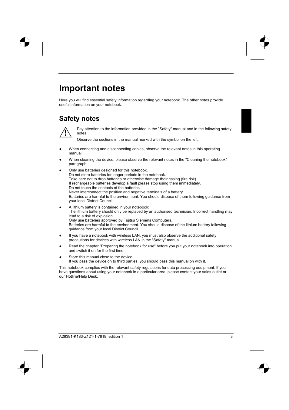 Important notes, Safety notes | Fujitsu Siemens Computers AMILO Pro V2035 User Manual | Page 13 / 84