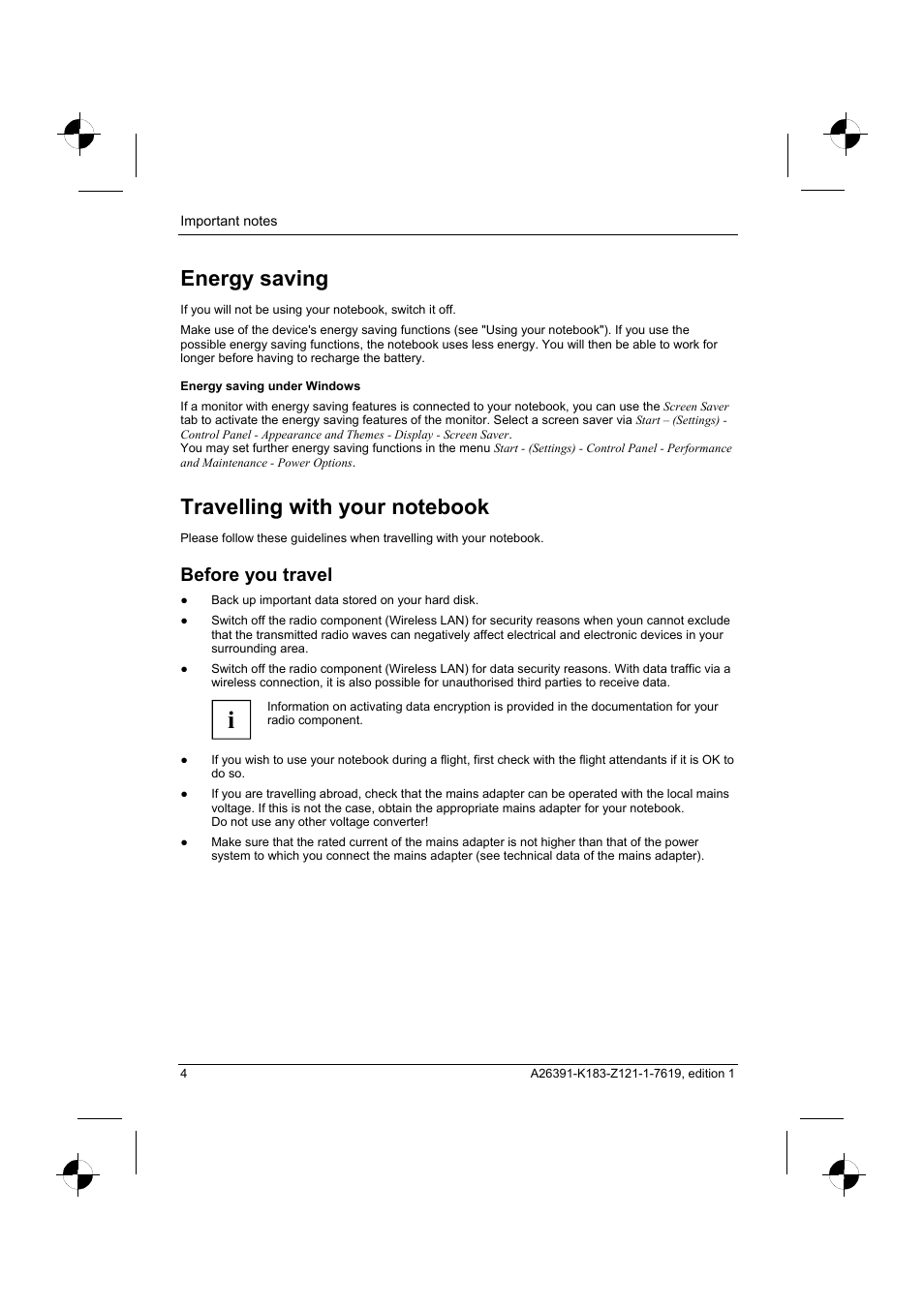 Energy saving, Travelling with your notebook, Before you travel | Fujitsu Siemens Computers AMILO Pro V2035 User Manual | Page 14 / 84