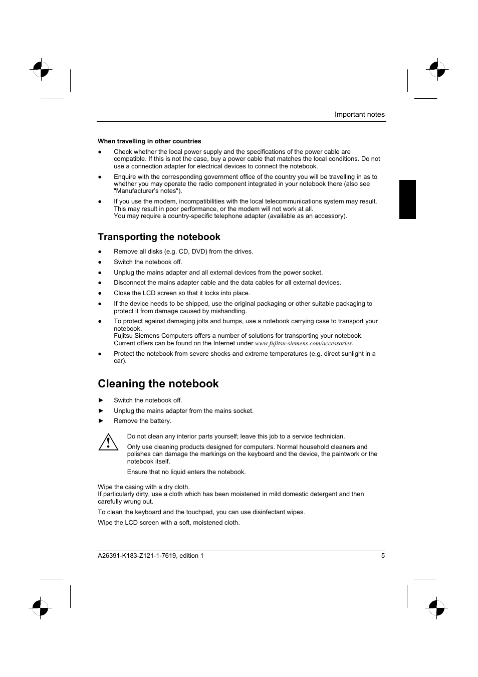 Transporting the notebook, Cleaning the notebook | Fujitsu Siemens Computers AMILO Pro V2035 User Manual | Page 15 / 84