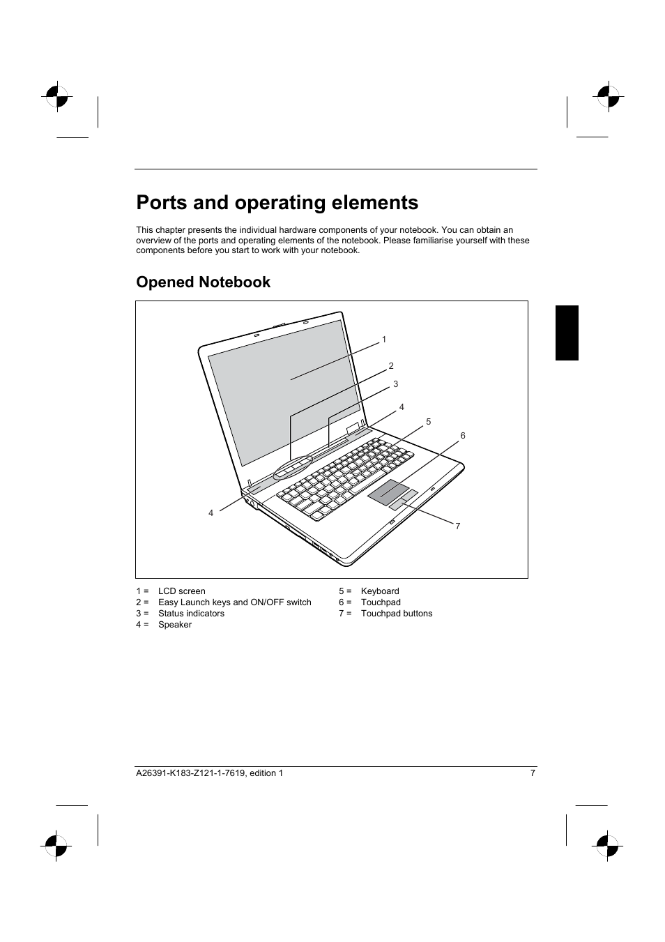 Ports and operating elements, Opened notebook | Fujitsu Siemens Computers AMILO Pro V2035 User Manual | Page 17 / 84