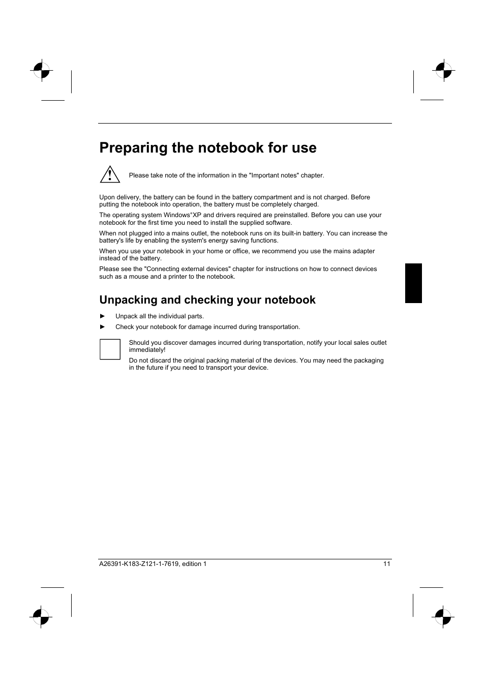 Preparing the notebook for use, Unpacking and checking your notebook | Fujitsu Siemens Computers AMILO Pro V2035 User Manual | Page 21 / 84