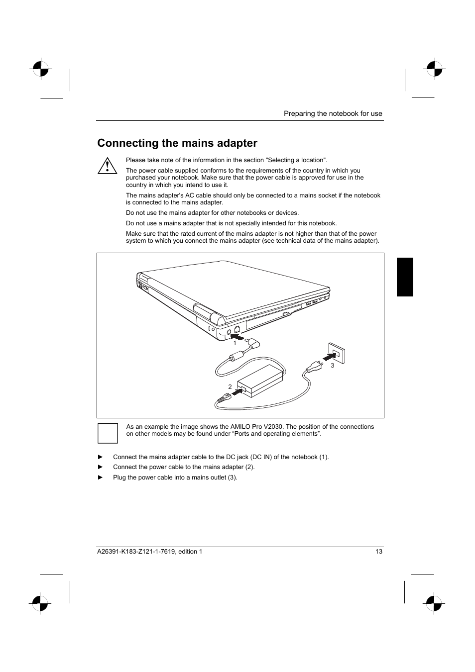 Connecting the mains adapter | Fujitsu Siemens Computers AMILO Pro V2035 User Manual | Page 23 / 84