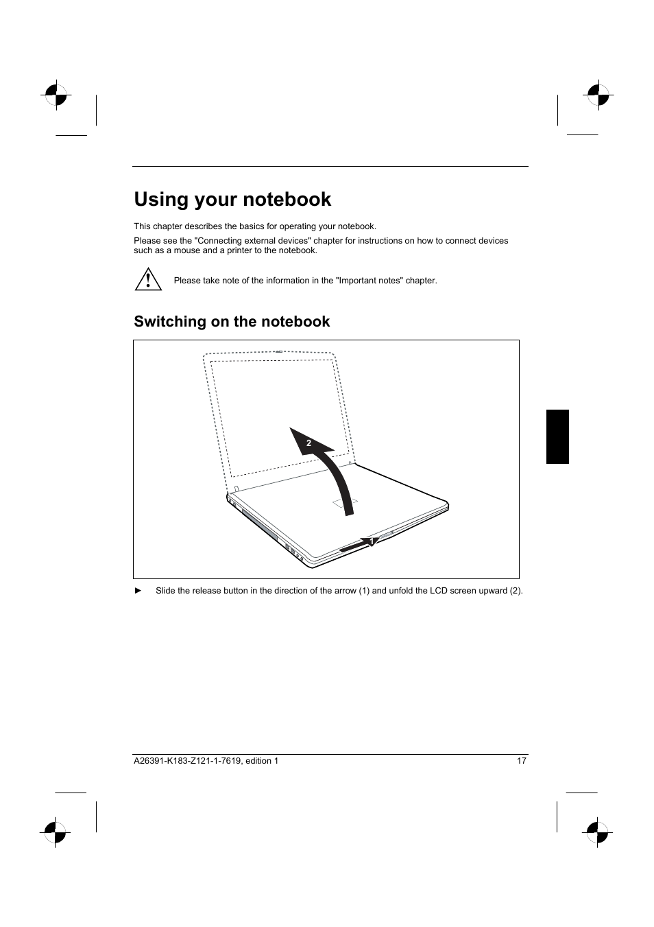 Using your notebook, Switching on the notebook | Fujitsu Siemens Computers AMILO Pro V2035 User Manual | Page 27 / 84