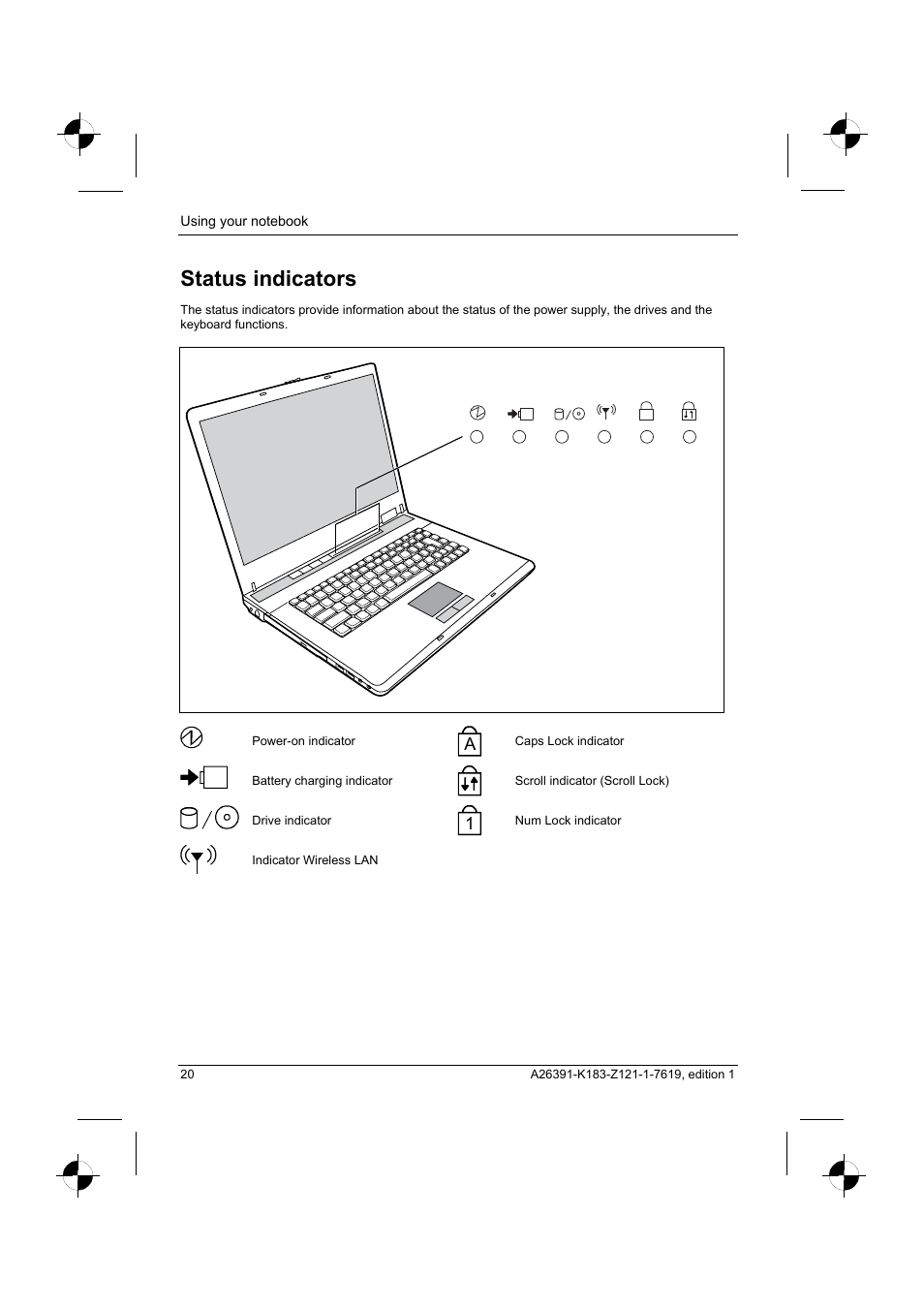 Status indicators | Fujitsu Siemens Computers AMILO Pro V2035 User Manual | Page 30 / 84