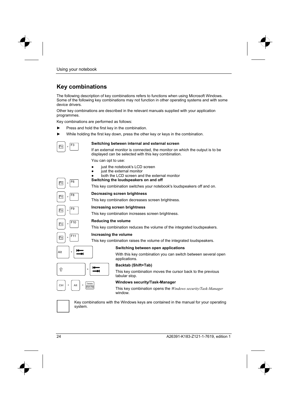 Key combinations | Fujitsu Siemens Computers AMILO Pro V2035 User Manual | Page 34 / 84