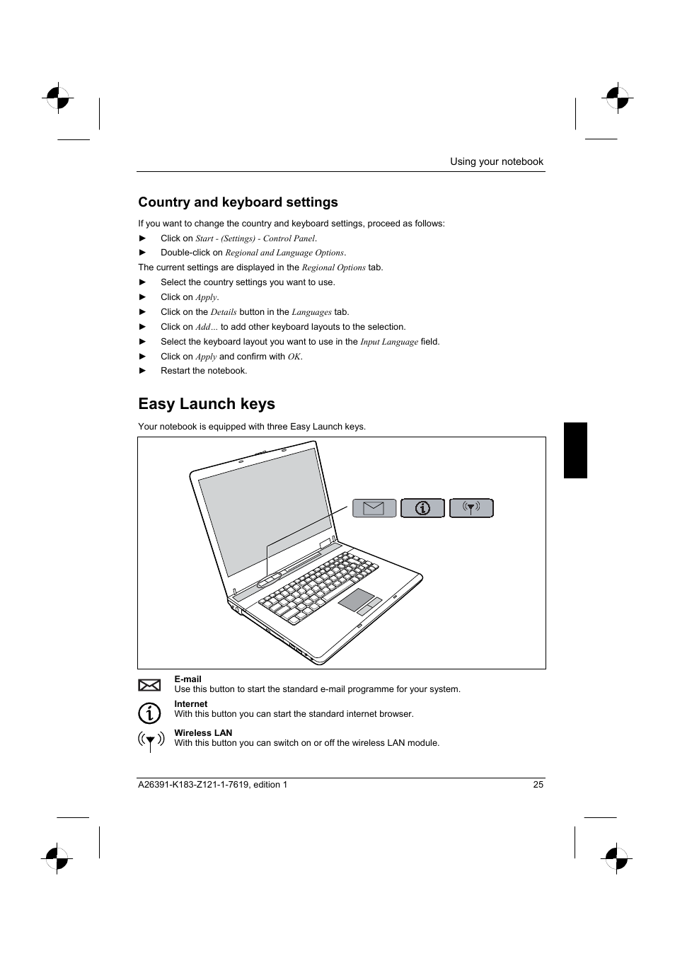 Country and keyboard settings, Easy launch keys | Fujitsu Siemens Computers AMILO Pro V2035 User Manual | Page 35 / 84