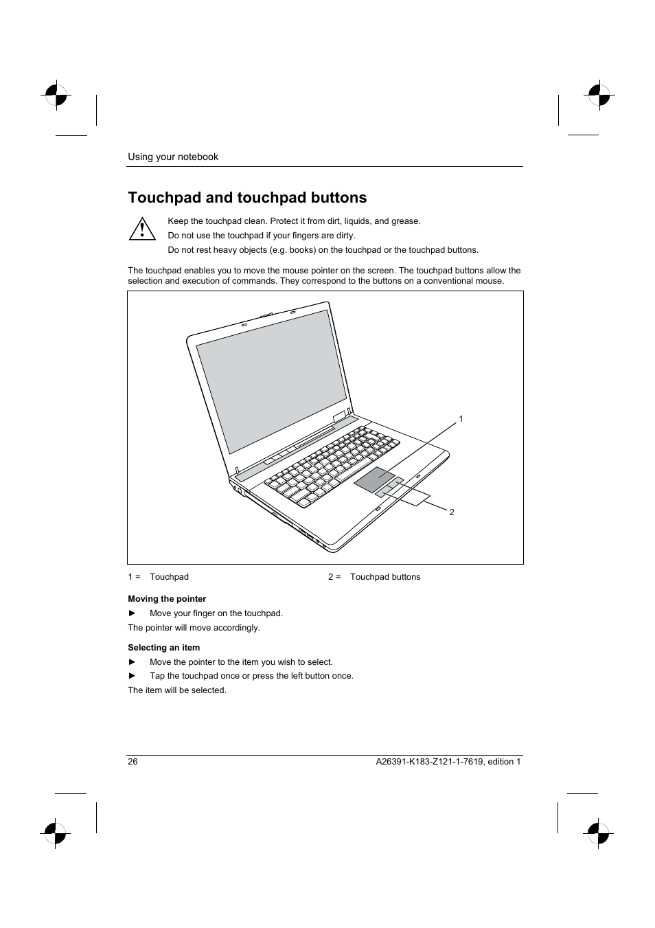 Touchpad and touchpad buttons | Fujitsu Siemens Computers AMILO Pro V2035 User Manual | Page 36 / 84