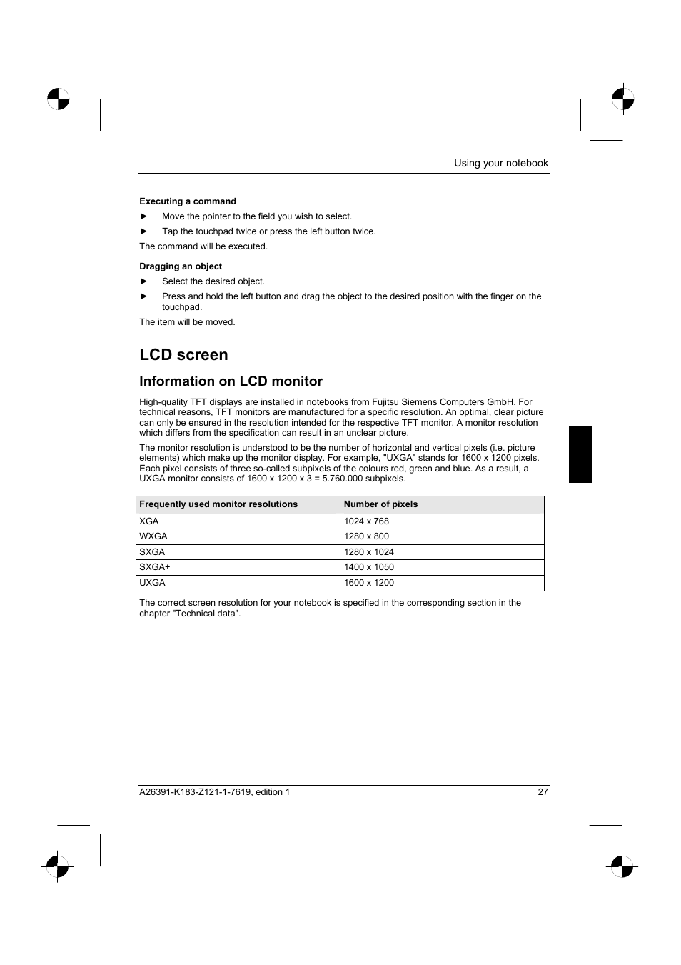 Lcd screen, Information on lcd monitor | Fujitsu Siemens Computers AMILO Pro V2035 User Manual | Page 37 / 84