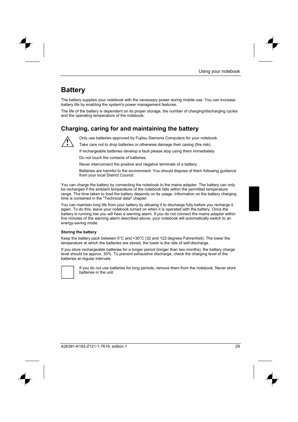 Battery, Charging, caring for and maintaining the battery | Fujitsu Siemens Computers AMILO Pro V2035 User Manual | Page 39 / 84
