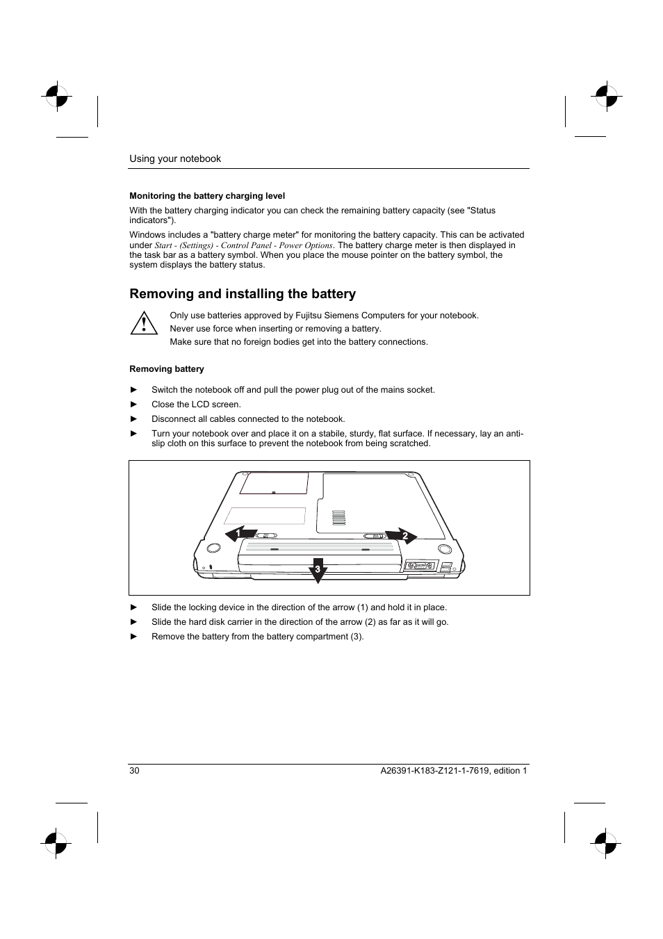 Removing and installing the battery | Fujitsu Siemens Computers AMILO Pro V2035 User Manual | Page 40 / 84