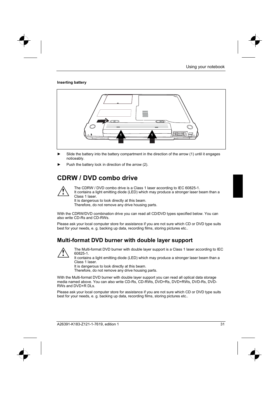 Cdrw / dvd combo drive, Multi-format dvd burner with double layer support | Fujitsu Siemens Computers AMILO Pro V2035 User Manual | Page 41 / 84